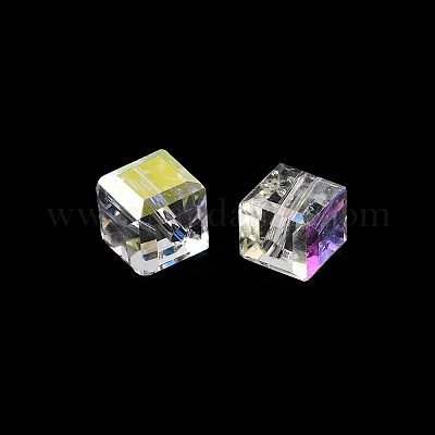 電気メッキガラスビーズ  キューブ  多面カット  半分メッキ  クリアAB  7x7x7mm  穴：1.6mm&nbsp;EGLA-G040-01A-AB01-1