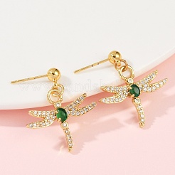 Dragonfly Brass Micro Pave Cubic Zirconia Dangle Stud Earrings&nbsp;EJEW-F895-15G