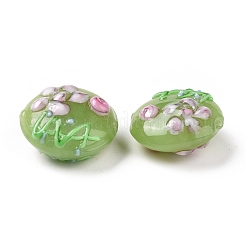 手作り凹凸柄ランプワークビーズ連売り  花付きフラットラウンド  黄緑  17~20.5x10~14mm  穴：1.4mm&nbsp;LAMP-K027-06I