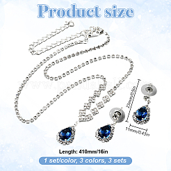 3セット3色の真鍮ラインストーンペンダントネックレス＆スタッドピアスセット  ティアドロップ  ミックスカラー  23x11mm&nbsp;SJEW-GO0001-11