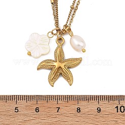 海洋天然貝殻花＆ライスパール＆304ステンレススチール製ヒトデペンダント付き2連チェーンネックレス（女性用）  ホワイト  ゴールドカラー  17.72インチ（45cm）&nbsp;NJEW-JN06260