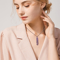 1Pc Natural Amethyst Bullet Macrame Pouch Pendant Alloy Chain Necklaces&nbsp;NJEW-PA0001-01B