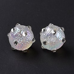 UVメッキレインボー虹色のテクスチャードアクリルでこぼこビーズ  透明アクリルラインストーン付き  ラウンド  ホワイト  17x14x13.5mm  穴：3.6mm&nbsp;OACR-E007-01F