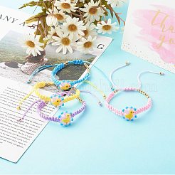 子供のための調節可能なナイロン糸編みこみビーズブレスレット  金色の真鍮ビーズと  アヒルの手作りランプワークビーズと花  ミックスカラー  内径：1-7/8~4-1/2インチ（4.75~11.45cm）&nbsp;BJEW-JB06461