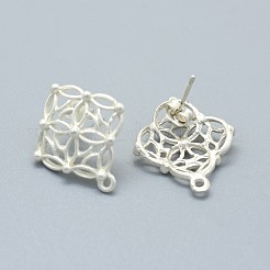 合金製スタッドピアスパーツ  カン付き  真鍮製のピンとイヤナット/ピアスバックキャッチ  長持ちメッキ  菱形  マットシルバー  21.5x19mm  穴：1.4mm  ピン：0.7mm&nbsp;X-PALLOY-F255-08MS