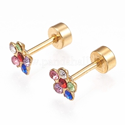 304ステンレススチール製耳たぶプラグ  スクリューバックイヤリング  ラインストーン付き  花  ゴールドカラー  カラフル  10mm  ピン：1mm&nbsp;EJEW-H105-11A