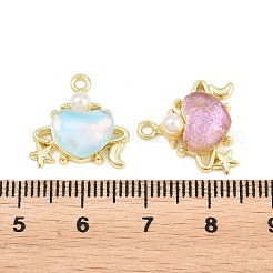 合金、ガラス、プラスチック製のパールペンダント  月と星のチャームが付いたハート  ミックスカラー  ゴールドカラー  16x16.5x5.5mm  穴：1.4mm&nbsp;FIND-G114-03G