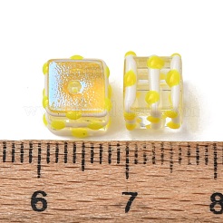 手作りランプワークビーズ  手描きのビーズ  ストライプの立方体  エナメル  きいろ  8.5x8x6.5mm  穴：1.2mm&nbsp;LAMP-L085-01E