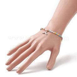 女性用真鍮チャーム付きカラフルなシードビーズストレッチブレスレット  クジラの尾の模様  内径：2インチ（5.2cm）  ペンダント：12.5x13.5x2mm&nbsp;BJEW-JB09218-04