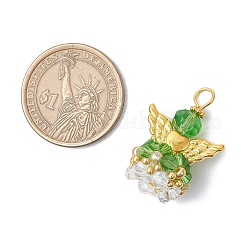 ガラスチャーム  角度  合金製ウィングビーズと鉄製ループ付き  多面カット  芝生の緑  30x21.5x16mm  穴：2.2~3.6mm&nbsp;PALLOY-MZ00664-04