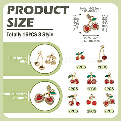 16種類のスタイルのチェリー合金ペンダント8個  ラインストーン＆エナメル  レッド  15~22.5x15~23x2~7mm  穴：1.6~2.3mm  2個/スタイル&nbsp;FIND-TA0008-78