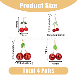 4ペア4スタイルフォーム＆ガラス＆アクリルチェリーダングルスタッドピアス、真鍮ピン付き  レッド  40~74.5x19~44mm  1ペア/スタイル&nbsp;EJEW-FI0002-88