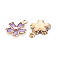 合金エナメルチャーム  クリスタルラインストーン付き  さくらの花  ライトゴールド  暗い蘭  17x14x3mm  穴：1.8mm&nbsp;ENAM-S121-052E