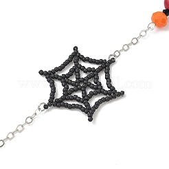 ハロウィーンテーマのガラスシードクモの巣キーホルダー  チベット風の合金ペンダント、鉄製のキーホルダー、染色された合成ターコイズ付き  アンティークシルバー＆ライトゴールド  ブラック  180~199x33x10mm  穴：17mm&nbsp;HJEW-MZ00285-01