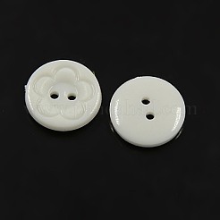 服装デザイン用アクリル縫い付け用ボタン  プラスチックボタン  2穴  染め  花柄とフラットラウンド  ホワイト  16x3mm  穴：1mm&nbsp;BUTT-E083-C-01