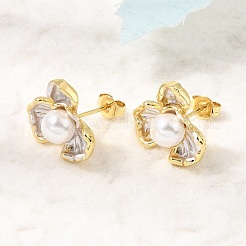 真鍮エナメルスタッドピアス  花  absプラスチックパール  カドミウムフリー＆鉛フリー  ラックめっき  長持ちメッキ  ゴールドカラー  14.5x16mm&nbsp;KK-CBAB173-02D-G