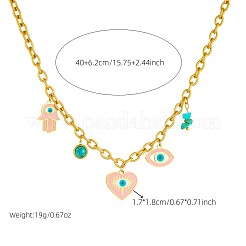 304ステンレススチールエナメル、合成ターコイズピンクイーブルアイハートハムサハンドペンダントビブネックレス（女性用）  ゴールドカラー  15.75インチ（40cm）&nbsp;FS-WGFA37A-02