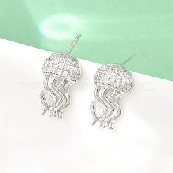 真鍮製マイクロパヴェキュービックジルコニアスタッドピアス  クラゲ  鉛フリー＆カドミウムフリー  長持ちメッキ  ラックめっき  プラチナ  15x8.5mm&nbsp;EJEW-G471-19G