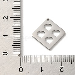 変色しない304ステンレススチールペンダント  レーザー切断  ハートチャーム付きひし形  ステンレス鋼色  17x17x1mm  穴：1.2mm&nbsp;STAS-O005-19P