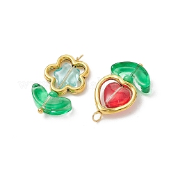 合金ガラスビーズペンダント40個  花とハートのチャーム  ミックスカラー  ゴールドカラー  24~24.5x14~14.5x4~5mm  穴：2~2.3mm&nbsp;PALLOY-JF05181-01
