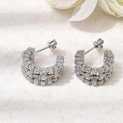 編み込みC字型真鍮スタッドピアス  長持ちメッキ  カドミウムフリー＆鉛フリー  プラチナ  16.5x9mm&nbsp;EJEW-P333-01P