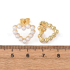 真鍮のハートスタッドピアス  ABSの模造パールと  16KGP本金メッキ  貝殻色  14x14.5mm&nbsp;EJEW-B153-04G