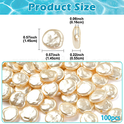 100個のABSプラスチックイミテーションパールビーズ  フラットラウンド  ベージュ  14.5x14.5x5.5mm  穴：1.6mm&nbsp;OACR-YW0003-70