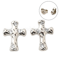 真鍮マイクロペーブクリアキュービックジルコニアスタッドピアス  クロス  プラチナ  10x7.5mm&nbsp;EJEW-M103-07P