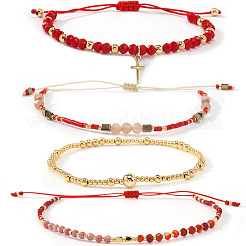 4Pcs 4 Styles Adjustable Natural Mixed Gemstone & Glass Beads Braided Bracelet&nbsp;VI8109-1
