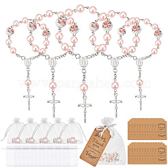 50Pcs Plastic Imitation Pearl and Porcelain Round Link Metal Virgin Cross Charm Rosary Bracelets&nbsp;BJEW-WA0001-07B