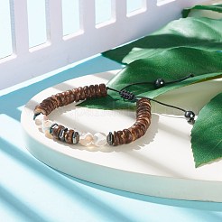 Dziマラビーズブレスレット  女性用の天然ココナッツ＆瑪瑙＆合成ヘマタイト編組ビーズブレスレット  ココナッツブラウン  内径：2~3-1/8インチ（5~8cm）&nbsp;BJEW-JB07934