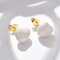 真鍮製スタンドピアス  エナメル  ラックめっき  長持ちメッキ  鉛フリー＆カドミウムフリー  ハート  18KGP本金メッキ  ホワイト  10x11mm&nbsp;EJEW-F359-06G-01