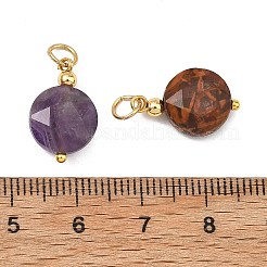 混合天然石ペンダント  多面カットフラットラウンドチャーム  ゴールドカラー  16.5~17x10.5~11.5x4.5~5.5mm  穴：4mm&nbsp;PALLOY-JF05892