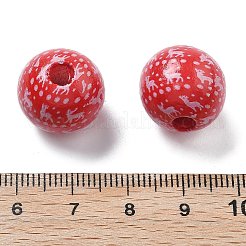 クリスマスプリントのシマウッドヨーロピアンビーズ  ラウンド  鹿  レッド  16x14.5mm  穴：4.5mm&nbsp;WOOD-G023-18D