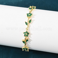 Brass Pave Cubic Zirconia Flower Link Chain Bracelets for Women&nbsp;KK-CBA68DA-14G-10