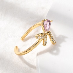 Brass Pave Pink and Clear Cubic Zirconia Cuff Rings&nbsp;RJEW-P173-01G-02
