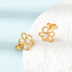女性用304ステンレススチールスタッドピアス  プラスチックパール付き  花  ゴールドカラー  10.5x11mm&nbsp;SA-CBA44F8-01G