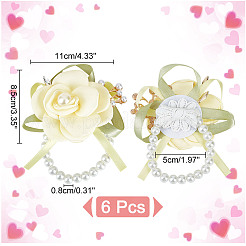 プラスチック手首のコサージュ  ポリエステル布造花と布ストレッチブレスレット付き  淡黄色  内径：50mm&nbsp;AJEW-WH0518-46