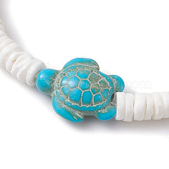 夏のビーチのウミガメの染め合成ターコイズビーズブレスレット  女性用ディスク貝ビーズストレッチブレスレット  ホワイト  内径：2-1/8インチ（5.4cm）&nbsp;BJEW-JB10313-01