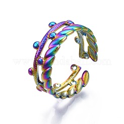 304ステンレススチールオリーブリーフラップカフリング  女性のためのレインボーカラーオープンリング  usサイズ7（17.3mm）&nbsp;RJEW-N038-092