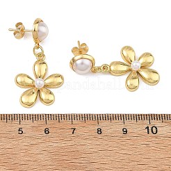 女性用真鍮製ドロップスタッドピアス  ABS樹脂製の模造パールペンダント付き  花  ゴールドカラー  38x19.5mm&nbsp;EJEW-JE07352