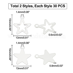 60個2スタイル304ステンレススチールペンダント  切り取る  スター  銀  15x13x0.6~0.8mm  穴：1.4mm  30個/カラー&nbsp;STAS-UN0027-85