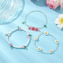 女性用アクリルチャームブレスレットセット3個3色  ガラスシードビーズとキャッツアイビーズ付き  ピンク  内径：2-1/4~2-3/8インチ（5.85~5.95cm）  1個/スタイル&nbsp;X1-BJEW-TA00577-02