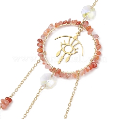 ワイヤーで巻かれた天然南赤瑪瑙チップリング吊り下げ装飾品  家庭菜園の装飾用のガラスの葉と金属の目のタッセルのサンキャッチャー  ゴールドカラー  285mm&nbsp;HJEW-TA00168