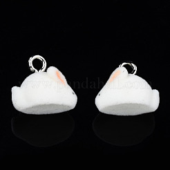 フロッキー樹脂ペンダント  プラチナメッキ鉄ループ付き  兎  ライトサーモン  13.5x15.5x11mm  穴：2.5mm&nbsp;RESI-N032-08