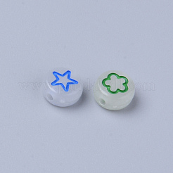 蓄光アクリルビーズ  暗闇で光る  星と花とハートと月のあるフラットラウンド  ミックスカラー  7x3.5mm  穴：1.5mm  約3600個/500g&nbsp;MACR-S273-48