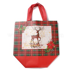 クリスマステーマのタータン不織布ギフトトートバッグ（ハンドル付き）  長方形  レッド  鹿  展開：33x32x0.2cm  折りたたみ：32x17.5x24cm&nbsp;ABAG-G017-01C