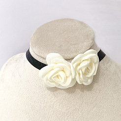 Double 3D Rose Polyester Band Choker Necklaces with Alloy End Chains&nbsp;FS-WG50A3E-02