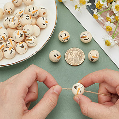 80個 4スタイル 雪だるまテーマプリント木製ヨーロピアンビーズ  顔模様の大穴丸ビーズ  染色されていない  湯通しアーモンド  15.5~16x14.5mm  穴：4.2mm  20個/スタイル&nbsp;WOOD-PH0003-04B