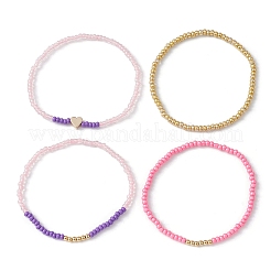 4Pcs 4 Style Brass Heart & Glass Seed Beaded Stretch Bracelets Set&nbsp;BJEW-JB09537